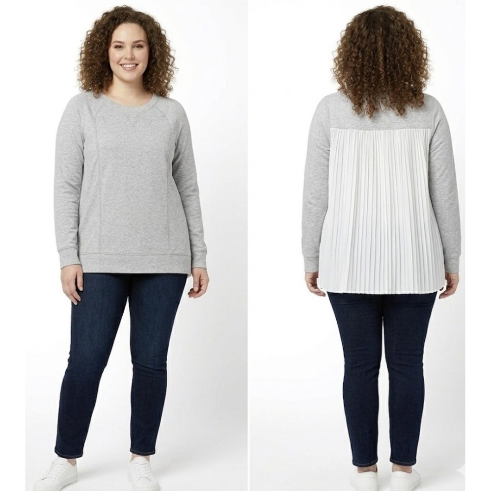 New LIVI Active sz 14/16 Gray Crew Neck Ultra Soft Pleated Back Pullover Top